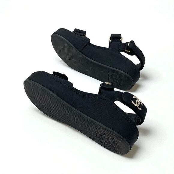 Chanel Sandals Shoes Fabric Velor Black Gold Rhinestone CC Coco Mark Logo Velcro - Picture 6 of 10
